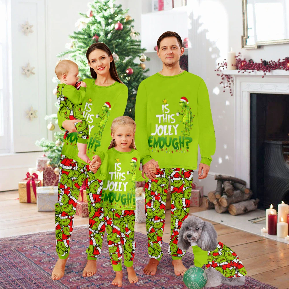 Family Matching Pjs,Women Pajama Sets-Monster Tile Pattern With Christmas Hat, Merry Christmas Pattern, Grinch