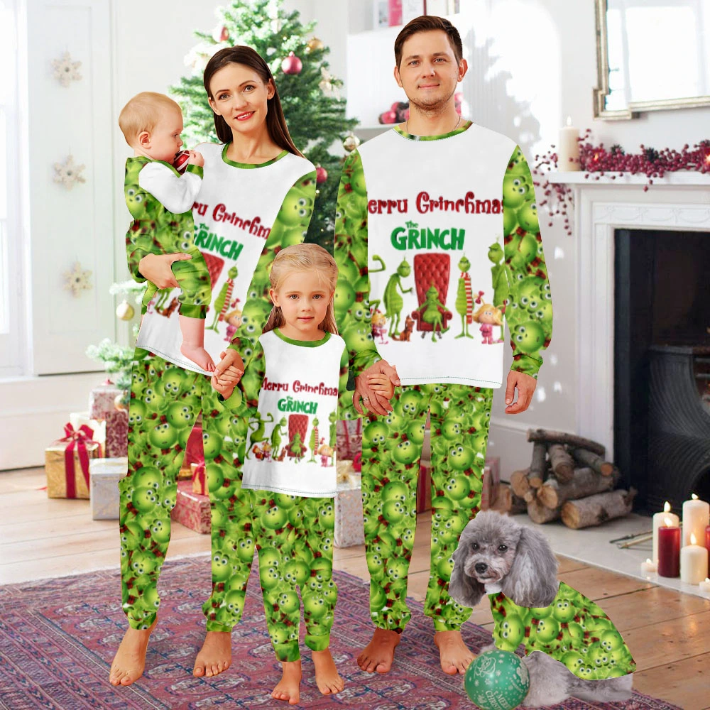 Grinch Christmas Pajamas Toddler,Matching Family Christmas Pajamas Set-Christmas Grinch Tile Pattern And Red Chair Grinch Family Pattern