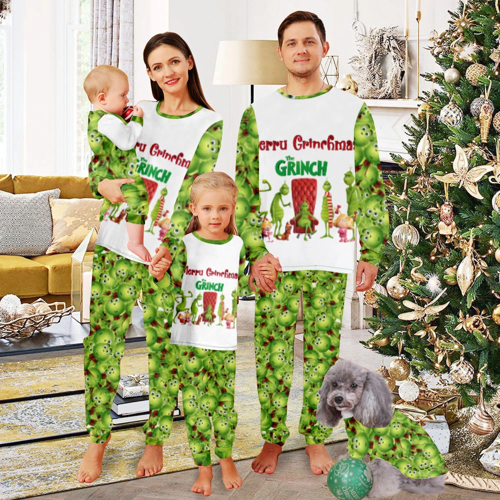 Grinch Christmas Pjs,Pajamas For Women Christmas-Christmas Grinch Tile Pattern And Red Chair Grinch Family Pattern