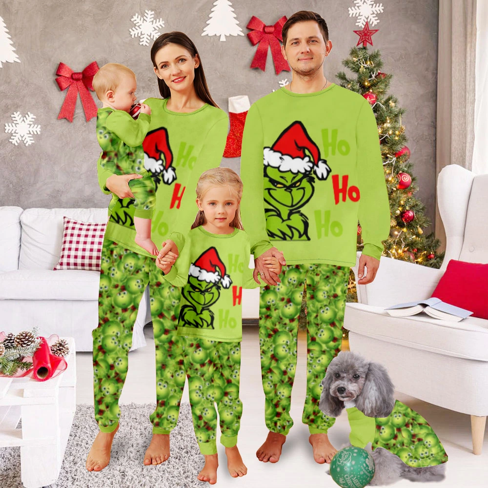 Matching Pajamas For Couples,Christmas Pajamas Sets-Christmas Grinch Tile Pattern And Grinch With Christmas Hat Hohoho Pattern