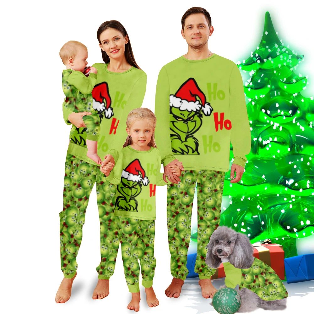 Matching Pajamas For Women,Family Christmas Pajama Sets-Christmas Grinch Tile Pattern And Grinch With Christmas Hat Hohoho Pattern