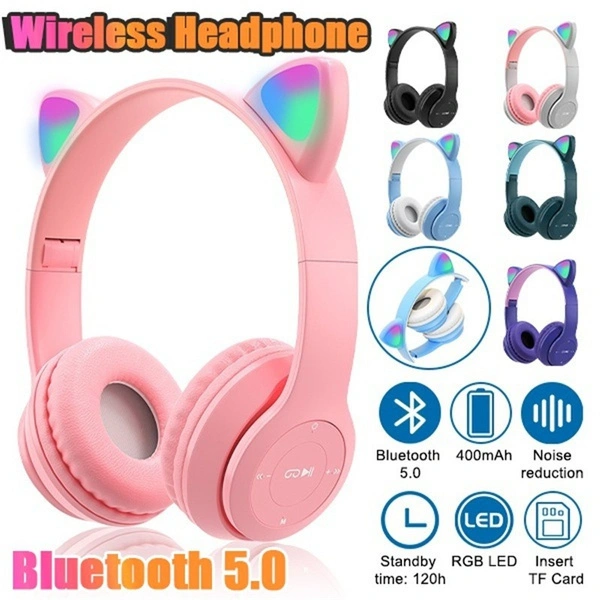 New Foldable Wireless Headphones Bluetooth 5.0 Noise Canceling Stereo Earphones Cute Cat Ears Wireless Bluetooth Headphones with Microphone Can Control LED Kid Girl Stereo Music Helmet Phone Headset Gift