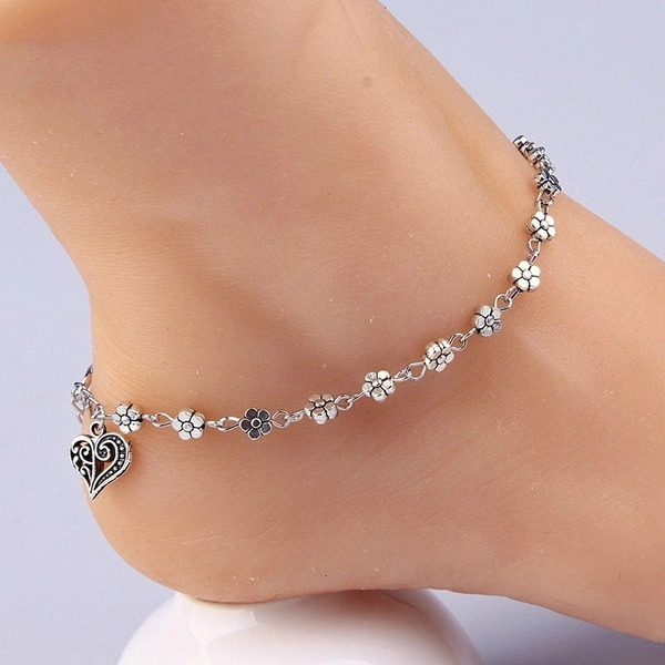 1PC Fashion Heart Plum Flower Chain Beach Anklet Bracelet Charm Summer Women Retro Bead Chain Foot Ankle Jewelry