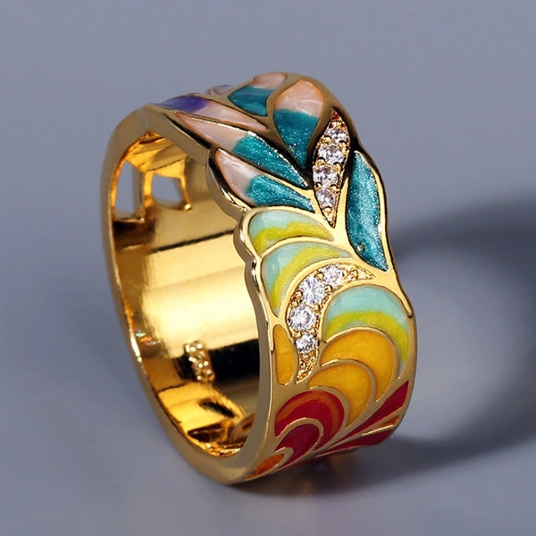 Retro Fashion Antique Rings for Women 14K Gold Colorful Enamel Leaf Rings Engagement Wedding Ring