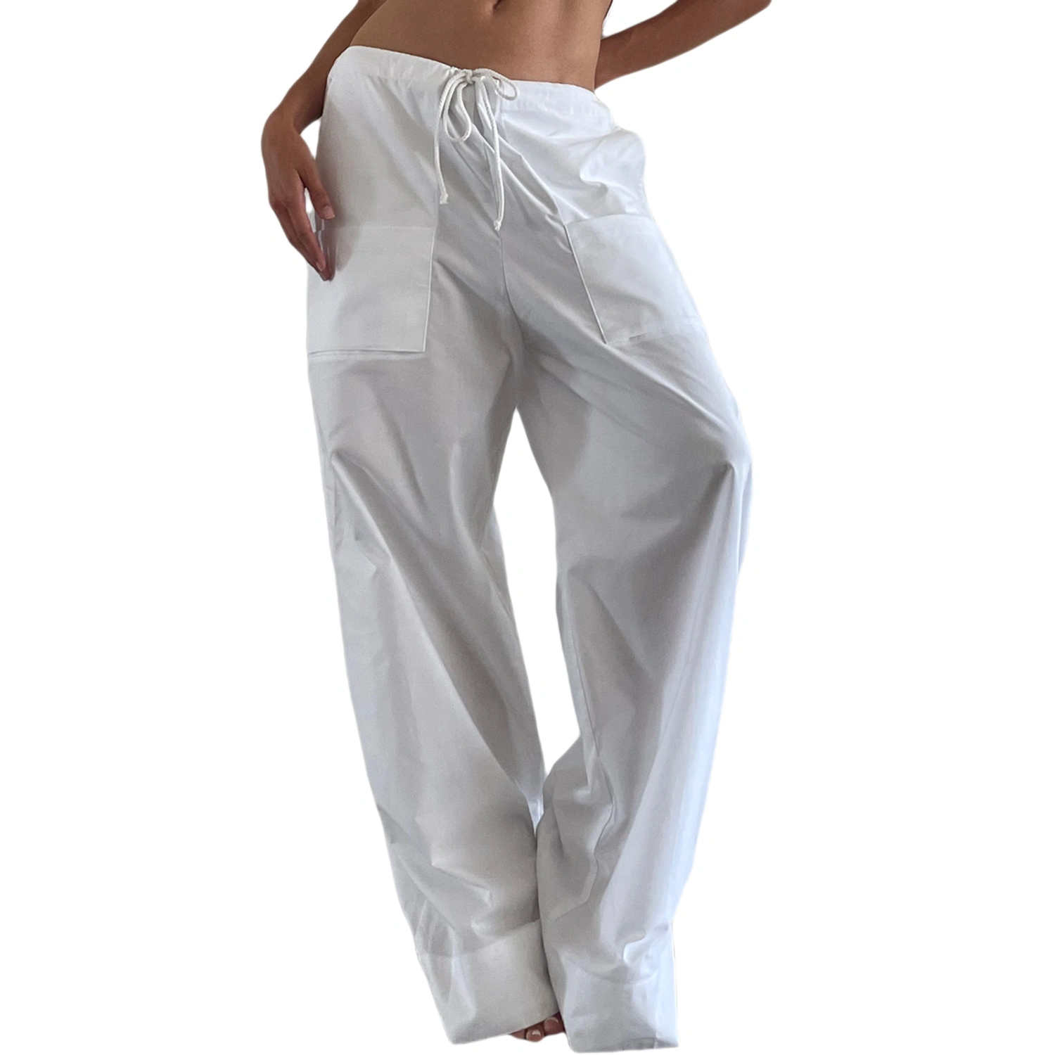 Women Wide Leg Pants Drawstring Low Waist Solid Color Loose Trousers