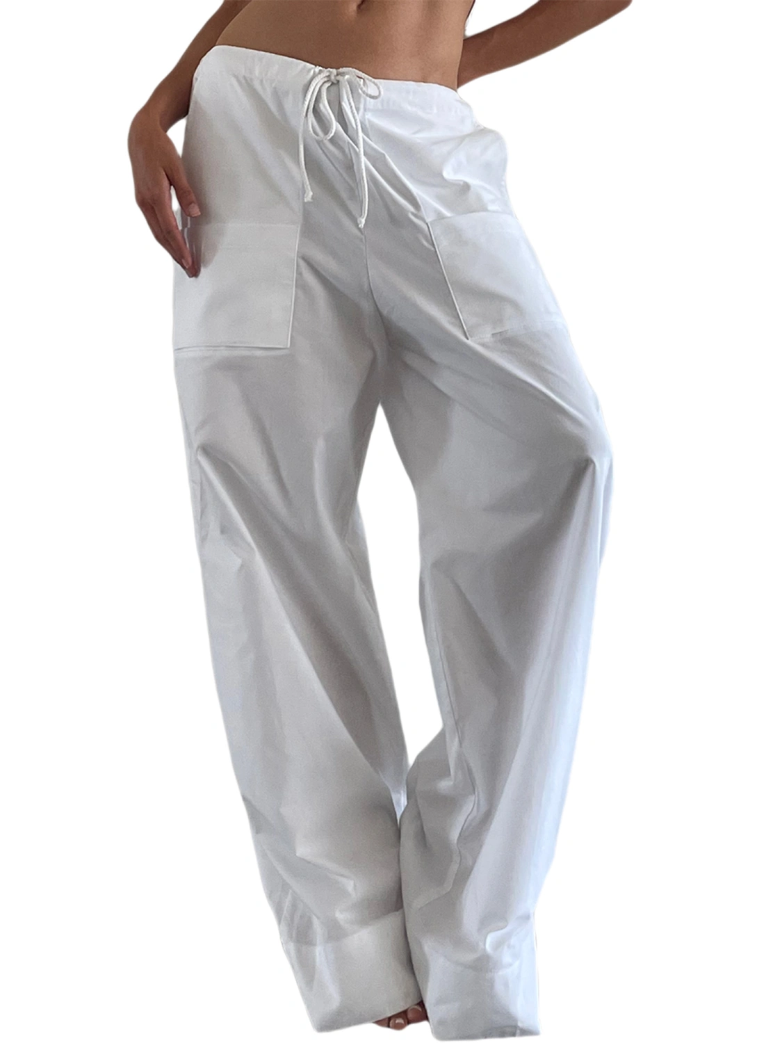 Women Wide Leg Pants Drawstring Low Waist Solid Color Loose Trousers
