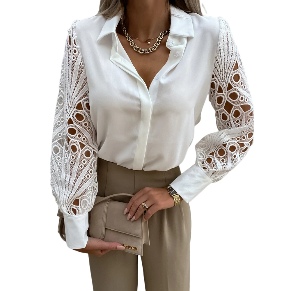 Women’s Solid Color Lace Stitching Lapel Button Long Sleeve Shirt