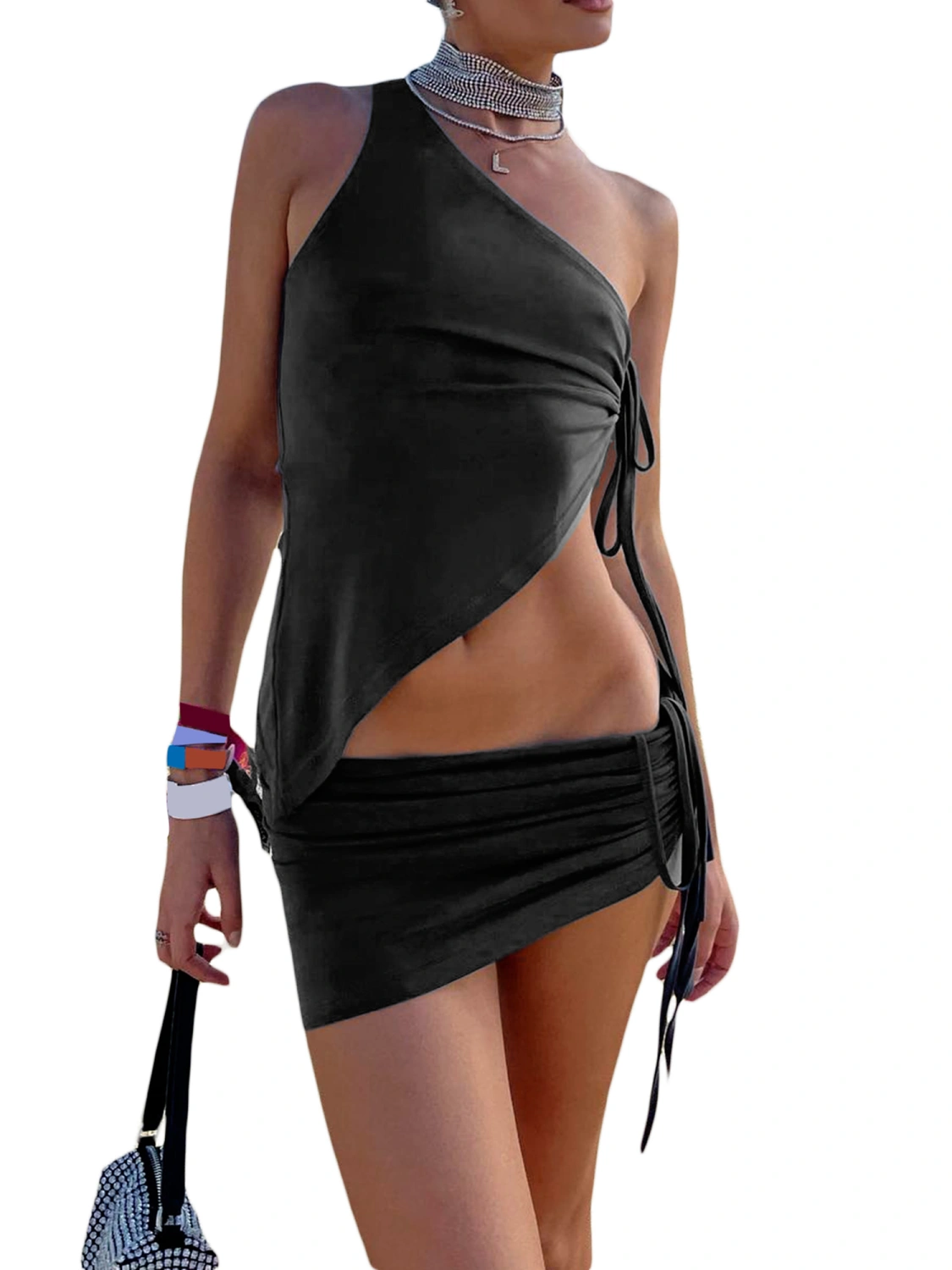 Women Clothes Set Solid Color Drawstring Oblique Shoulder Tops Skirts