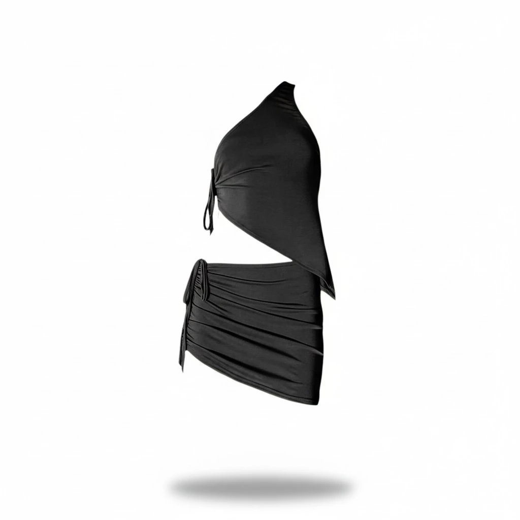 Women Clothes Set Solid Color Drawstring Oblique Shoulder Tops Skirts