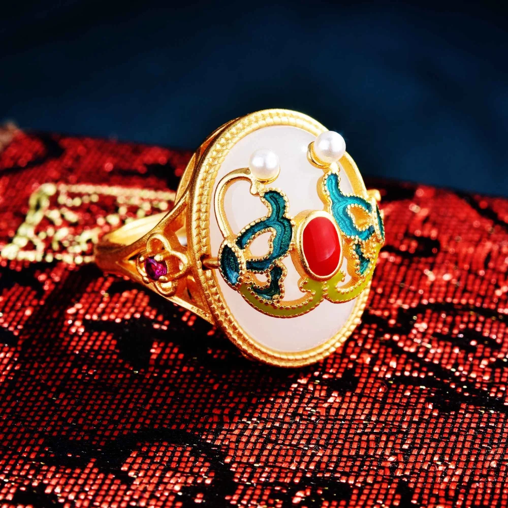 Ancient gold inlaid with Hotan Jade burnt blue enamel colored ring