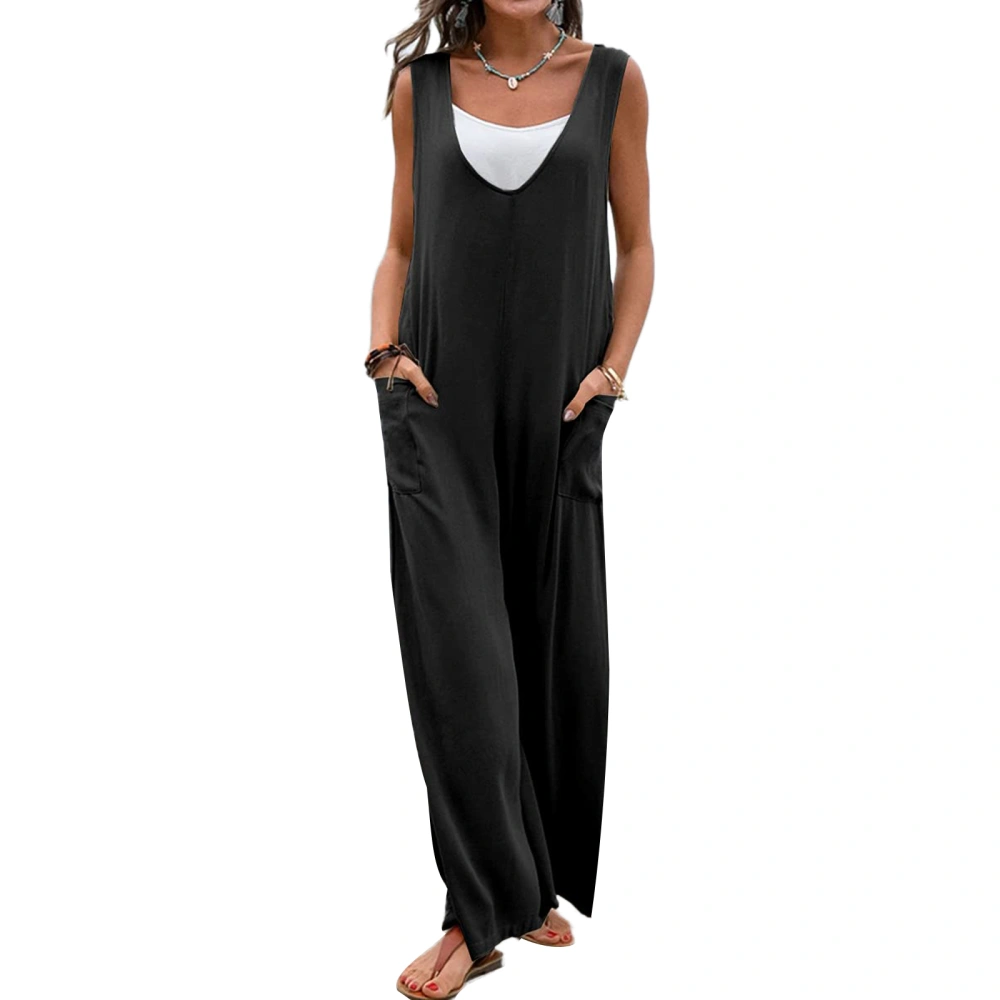 Women Jumpsuit, Sleeveless Patchwork Loose Long Wide Leg Pants