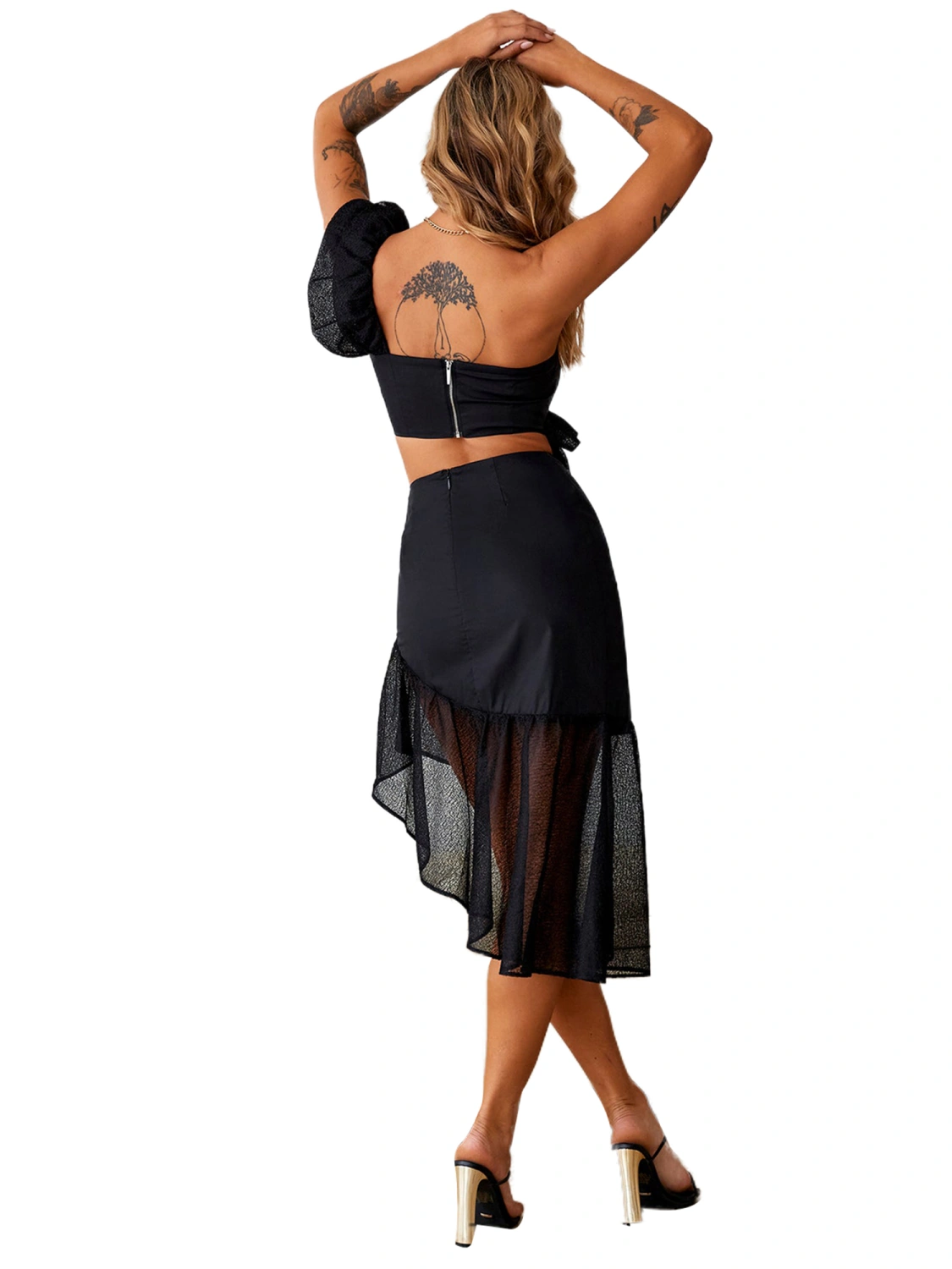 Women Off Shoulder Ruffle Crop Vest + Summer Casual Skirt Outfit 