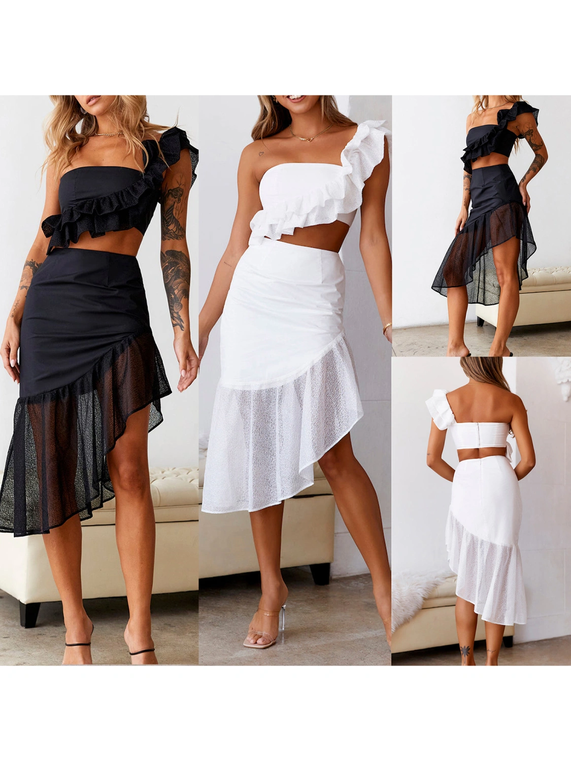 Women Off Shoulder Ruffle Crop Vest + Summer Casual Skirt Outfit 