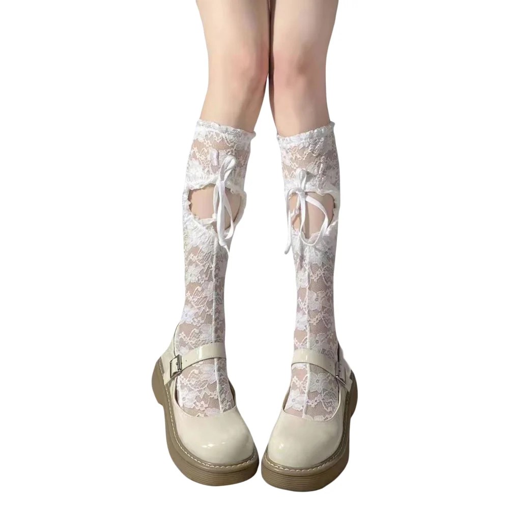 Women Lolita Lace Socks, Gothic Knee High Socks Drawstring Stockings