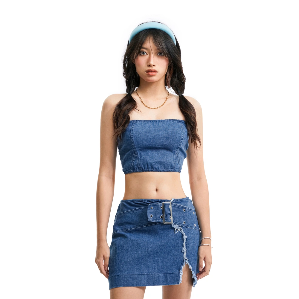 Women Summer Denim Skirts Outfits Solid Color Tube Tops Skirt Set