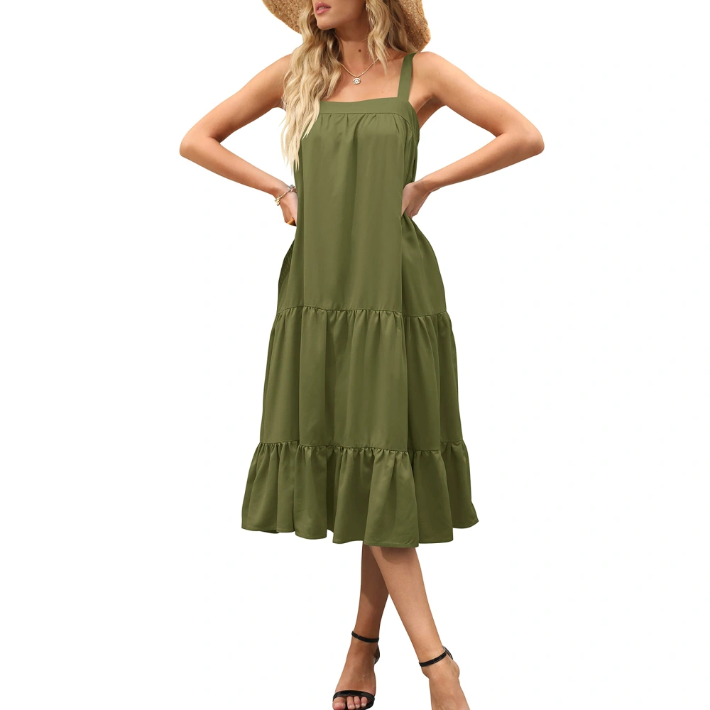 Women Midi Tank Dress, Sleeveless Solid Color Loose Tiered Dress