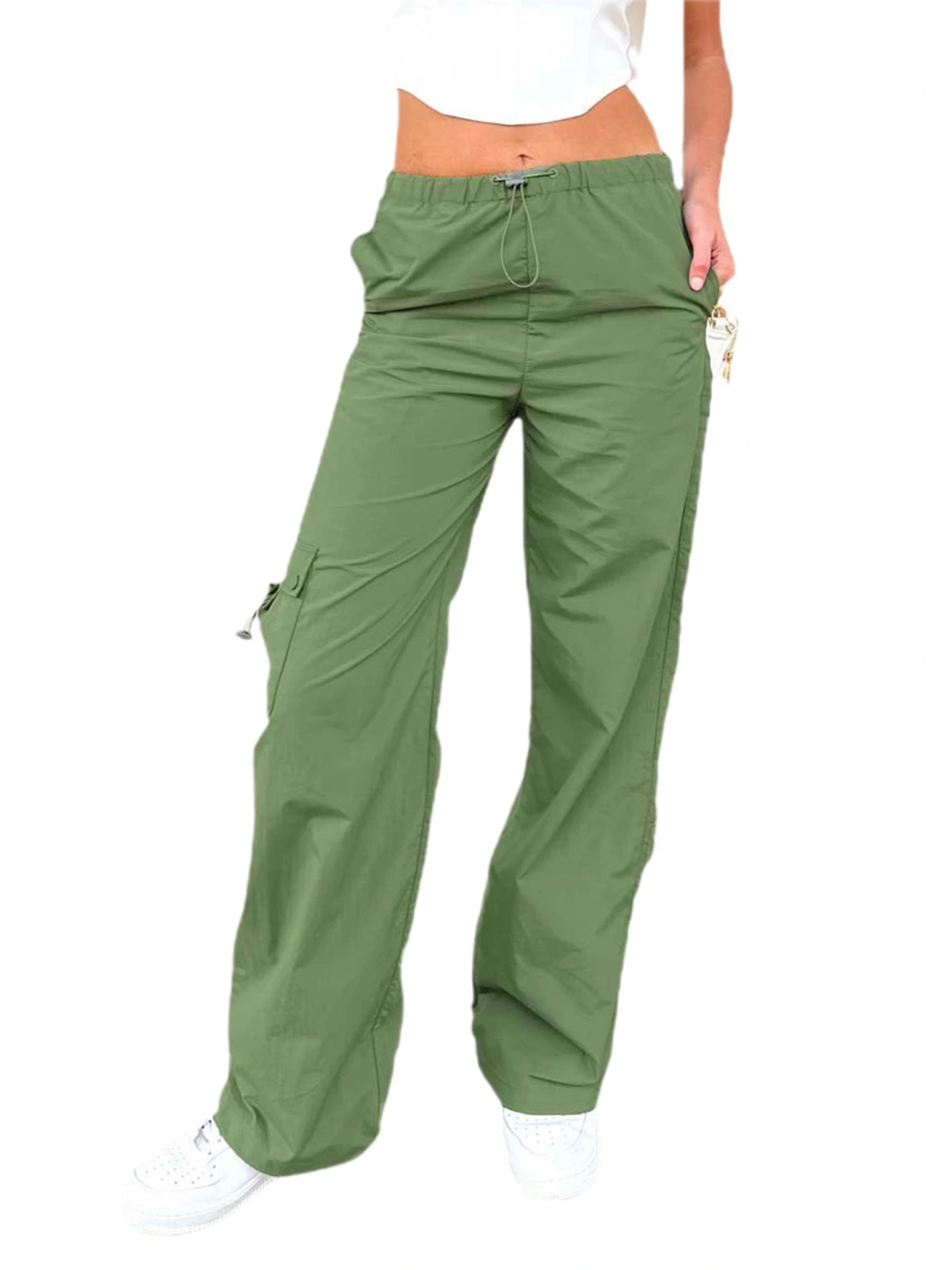 Women Baggy Cargo Pants Drawstring Mid Waist Solid Color Jogger Pants