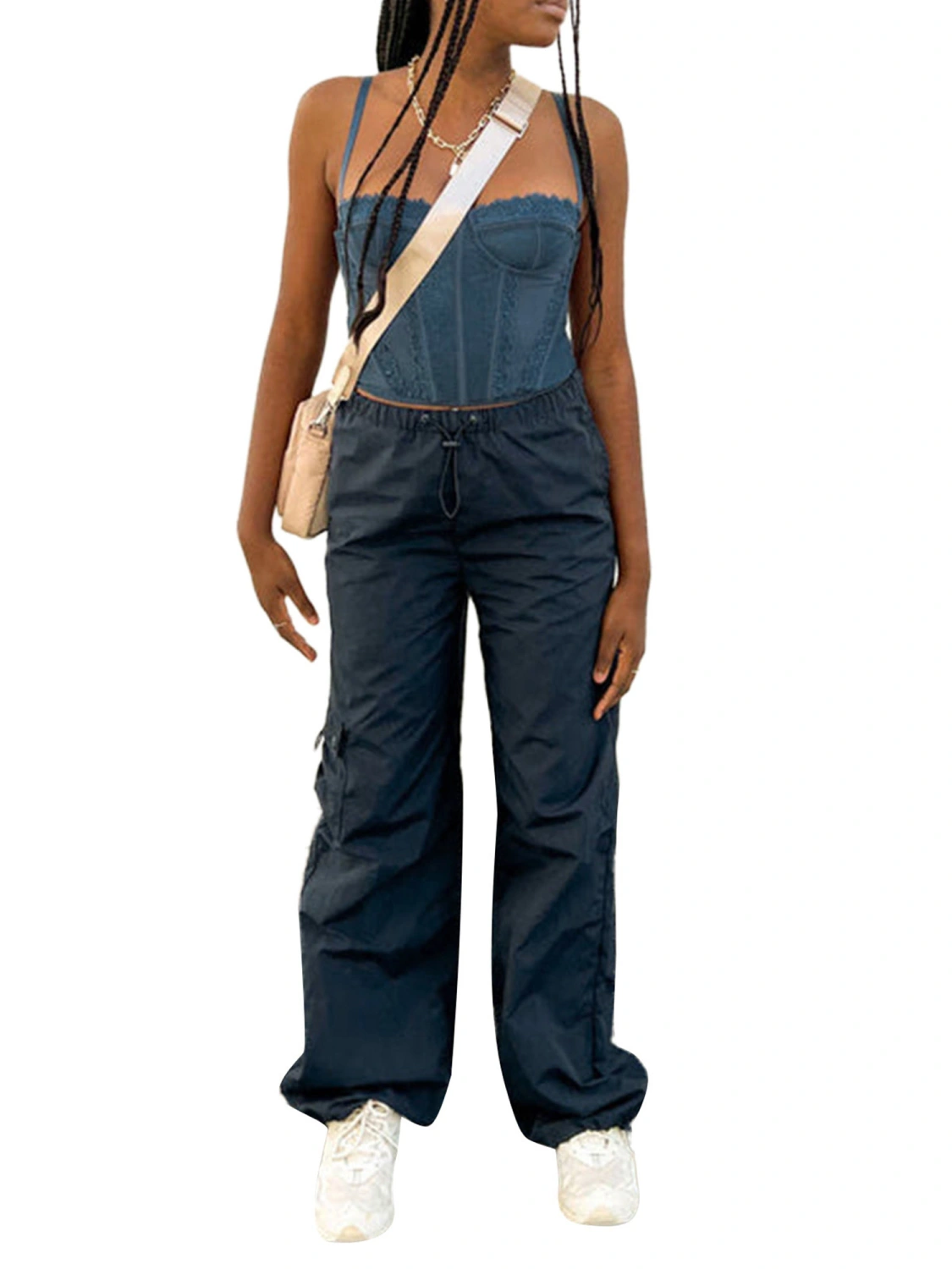 Women Baggy Cargo Pants Drawstring Mid Waist Solid Color Jogger Pants