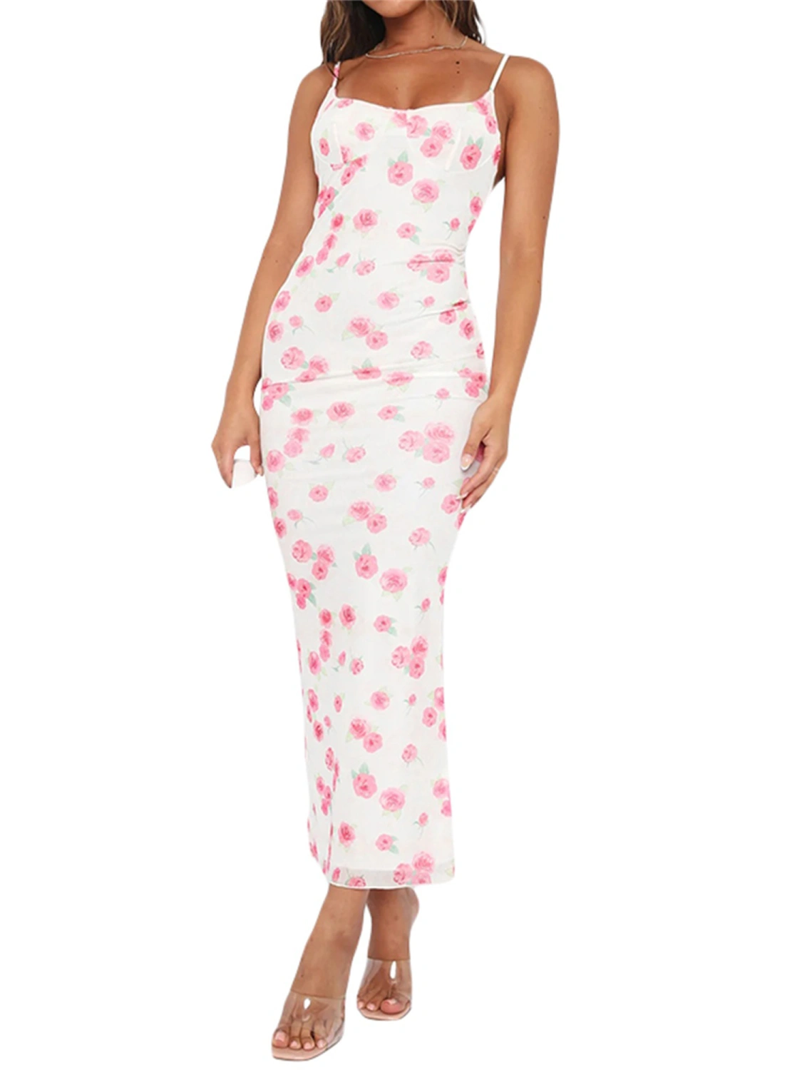 Women Slip Dress, Spaghetti Straps Backless Flower Print Slit Dress