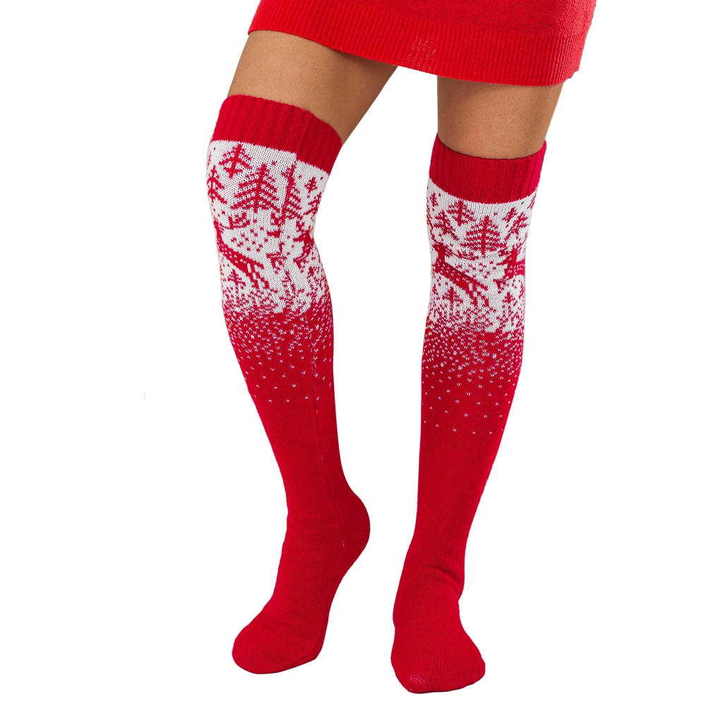 Women Christmas Knitted Long Stockings Elk Tree Print Thigh High Sock