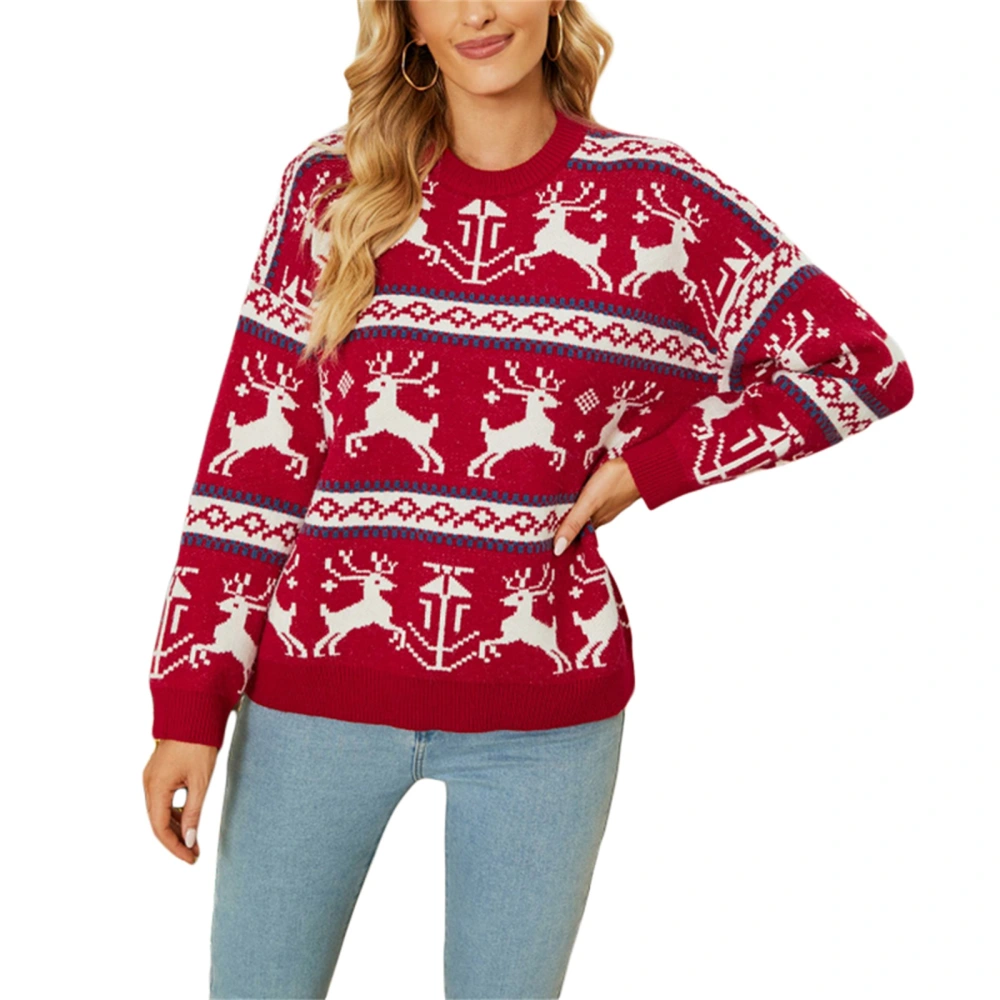 Women Knitting Shirt Long Sleeve Round Neck Christmas Elk Tops