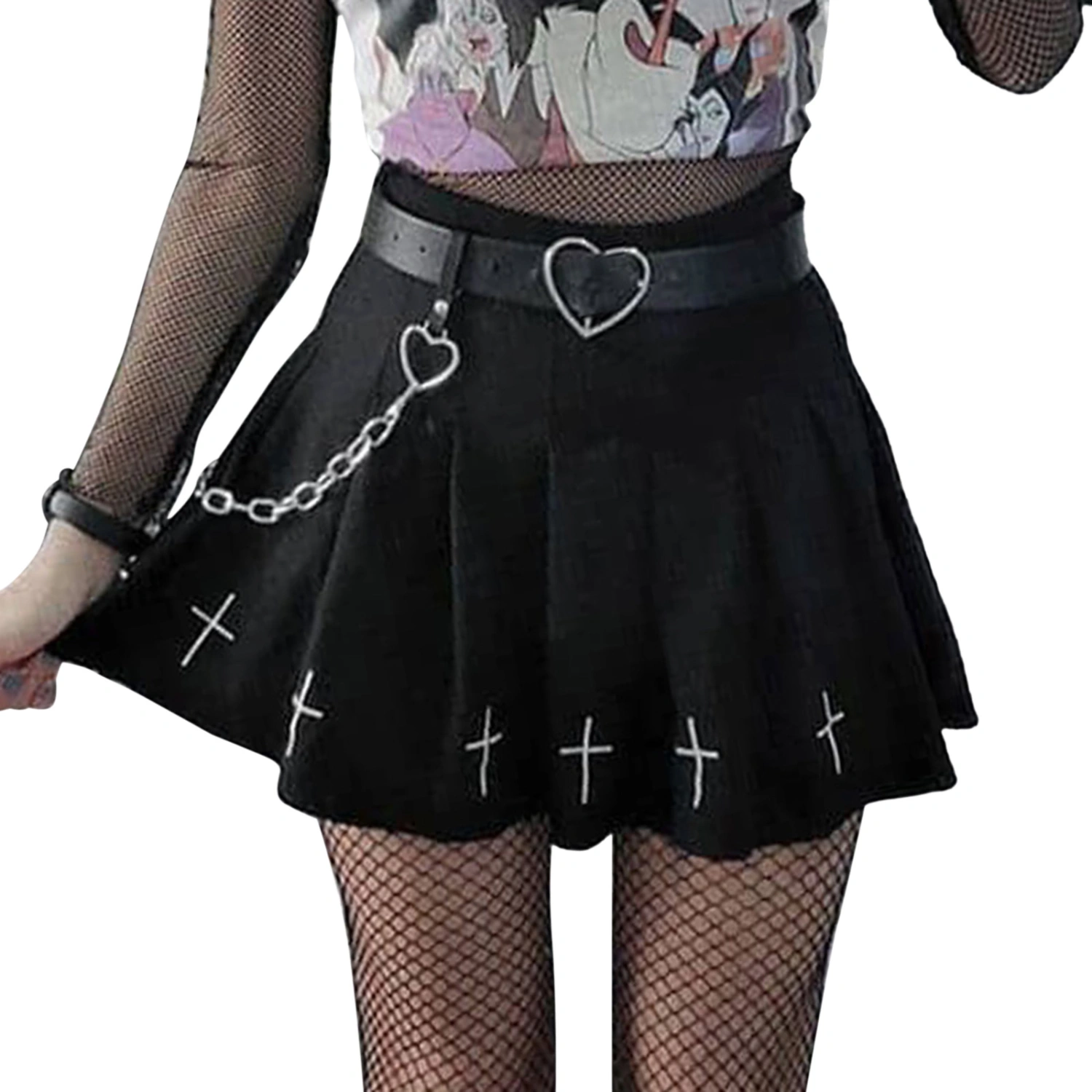 Women High Waist Gothic Punk Mini Skirts, Cross Pattern Mini Pleated Skirt