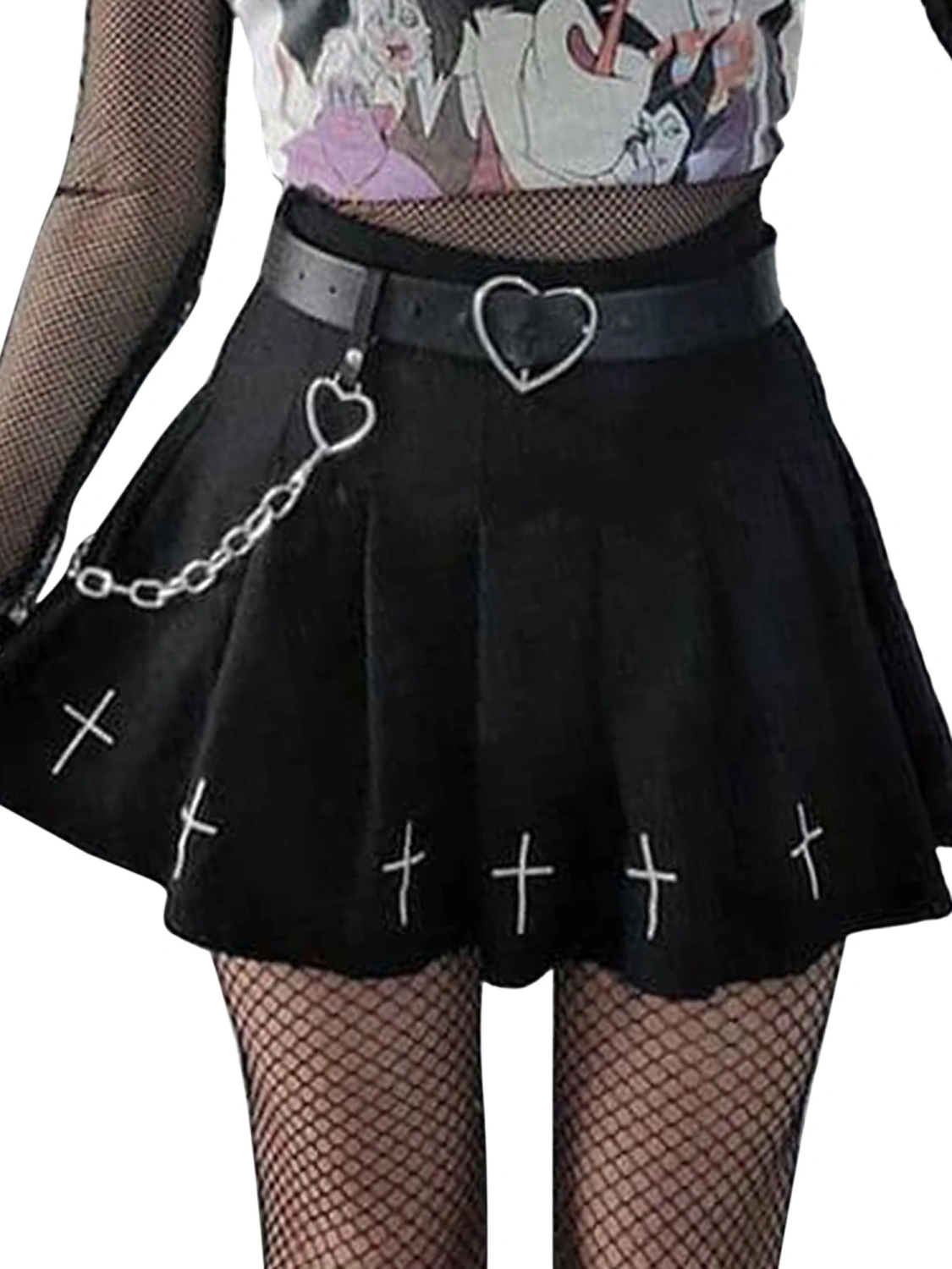 Women High Waist Gothic Punk Mini Skirts, Cross Pattern Mini Pleated Skirt
