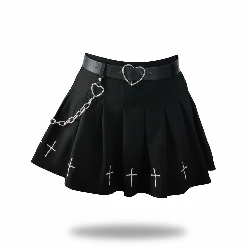 Women High Waist Gothic Punk Mini Skirts, Cross Pattern Mini Pleated Skirt
