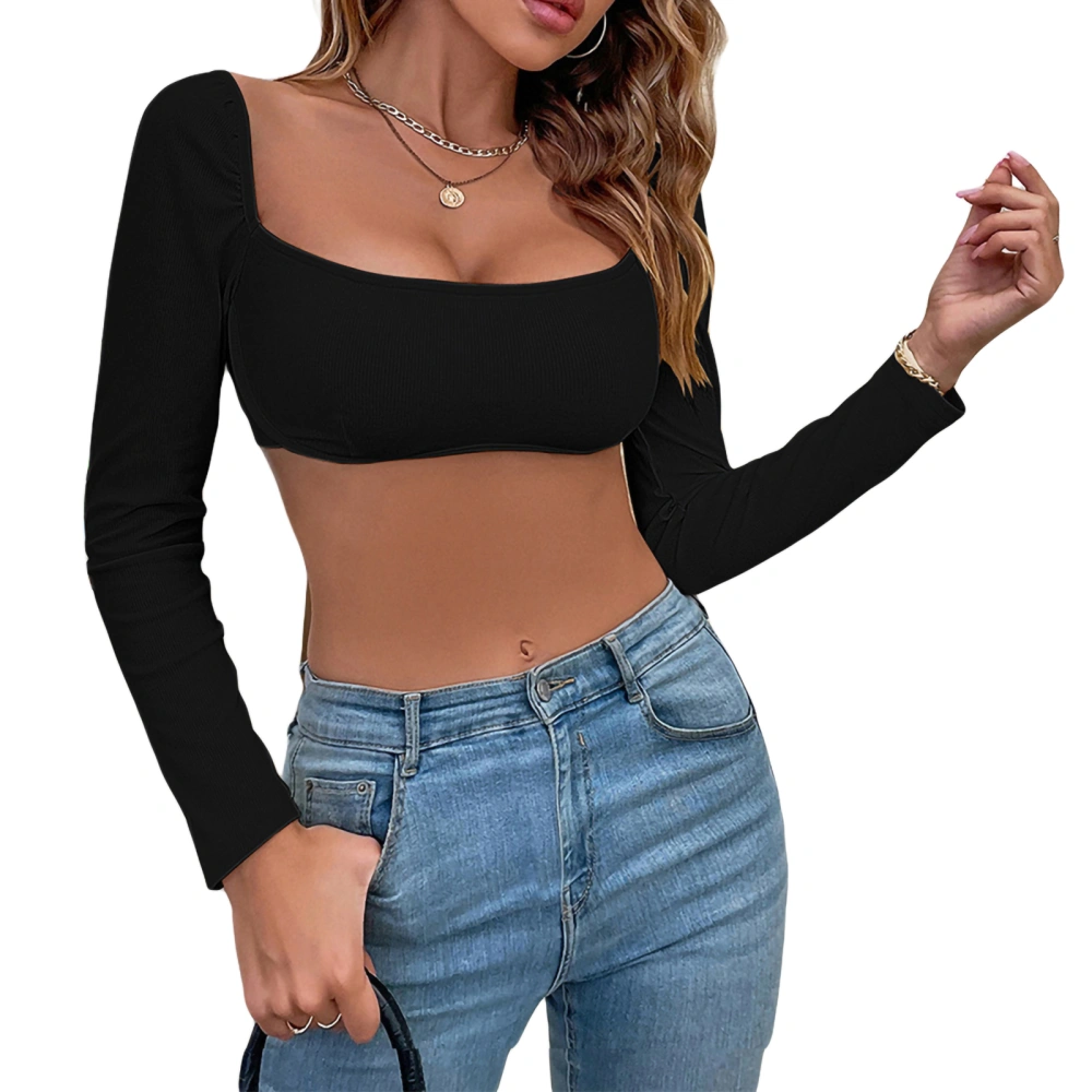 Women Scoop Neck Crop Tops, Long Sleeve Solid Color Fit T-Shirt Blouse