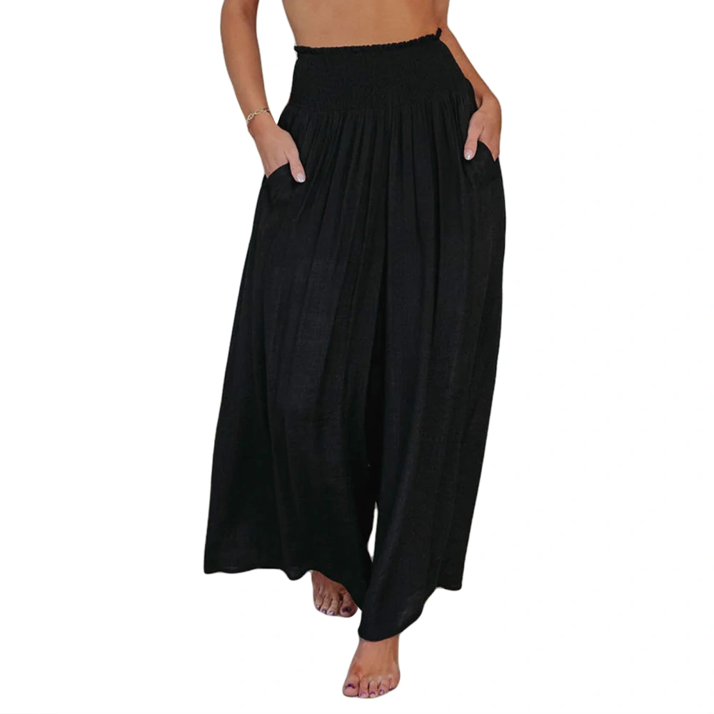 Women Wide-Leg Long Pants Solid Color Elastic High Waist Loose Pants