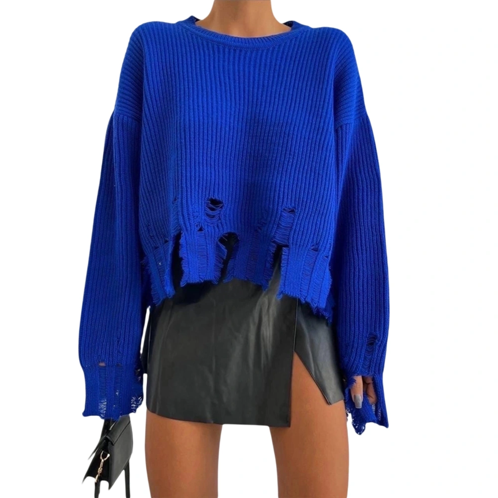 Women’s Ripped Sweaters, Long Sleeve Solid Color Knit Jumper Tops