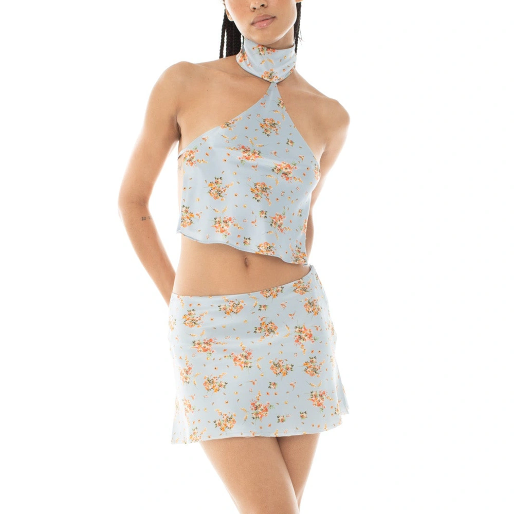 Women Summer Outfits Floral Print Halterneck Tops and Slit Mini Skirt