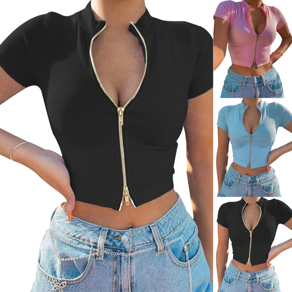 Women's Rib Knit Crop Tops, Short Sleeve Mock Neck Zip Up T-Shirts