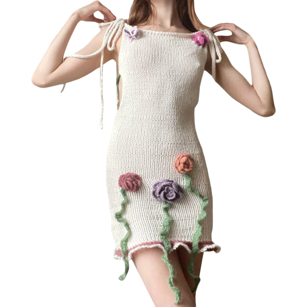 Women's Summer Mini Dress, Sleeveless Crochet Flower Knit Dress