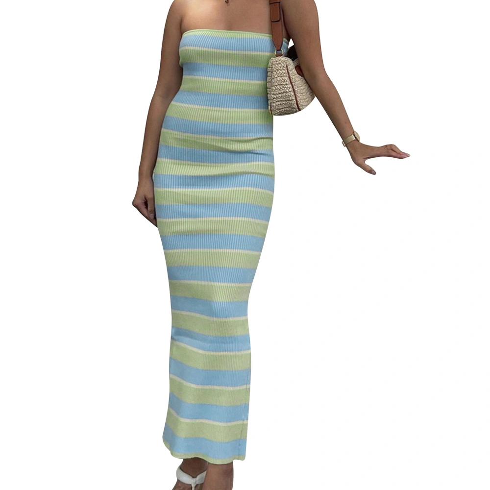 Women Tube Top Dress, Strapless Striped Contrast Color Knit Midi Dress