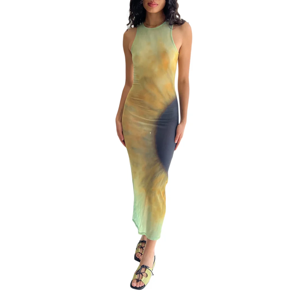 Women Tie-dyed Print Round Neck Sleeveless Ankle-length Dress