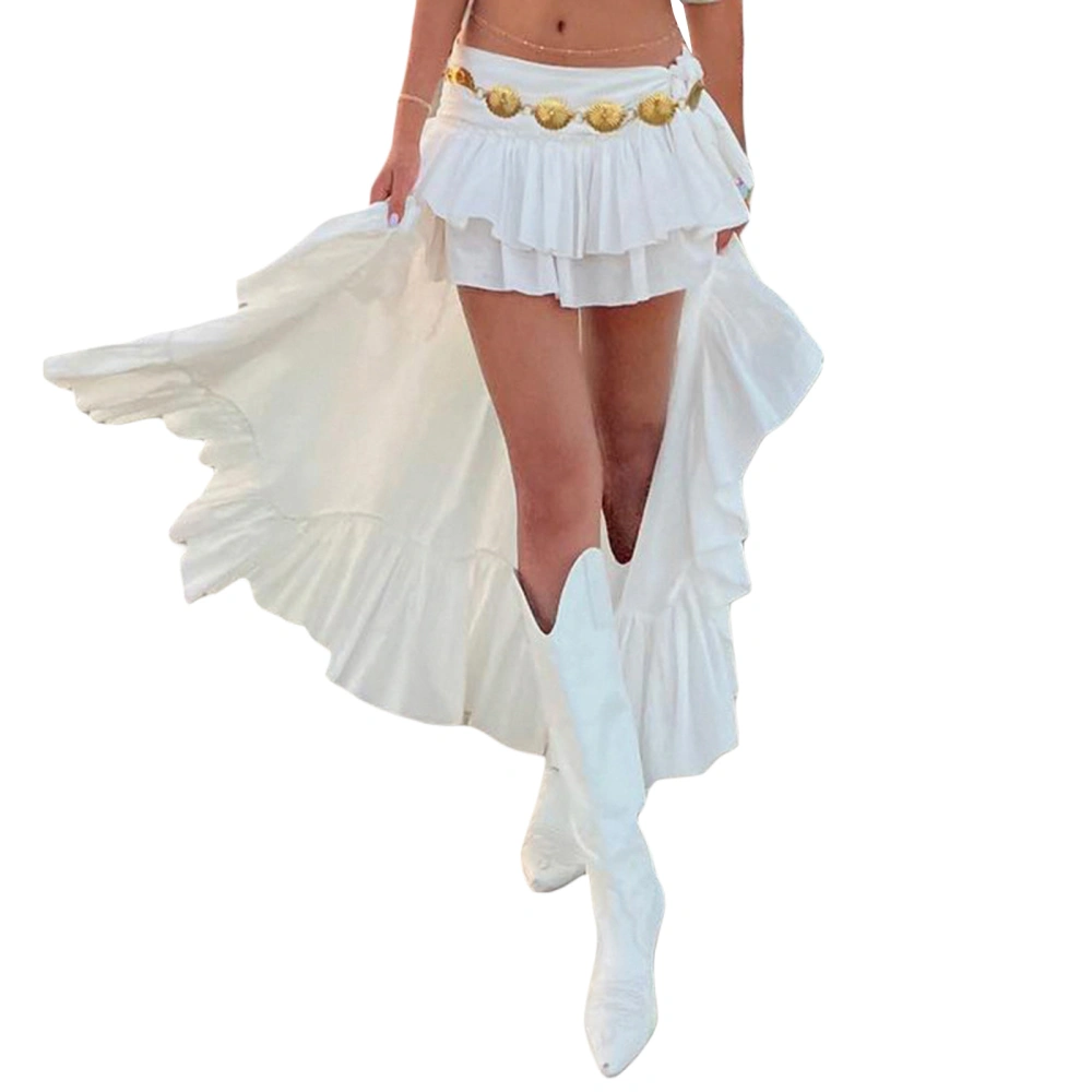 Women's White Boho Skirt Elastic Band Irregular Ruffle Midi Skirt