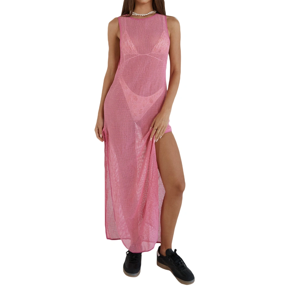 Women Sleeveless Slit Dress Knitted Cutout See-through Beach Dress 