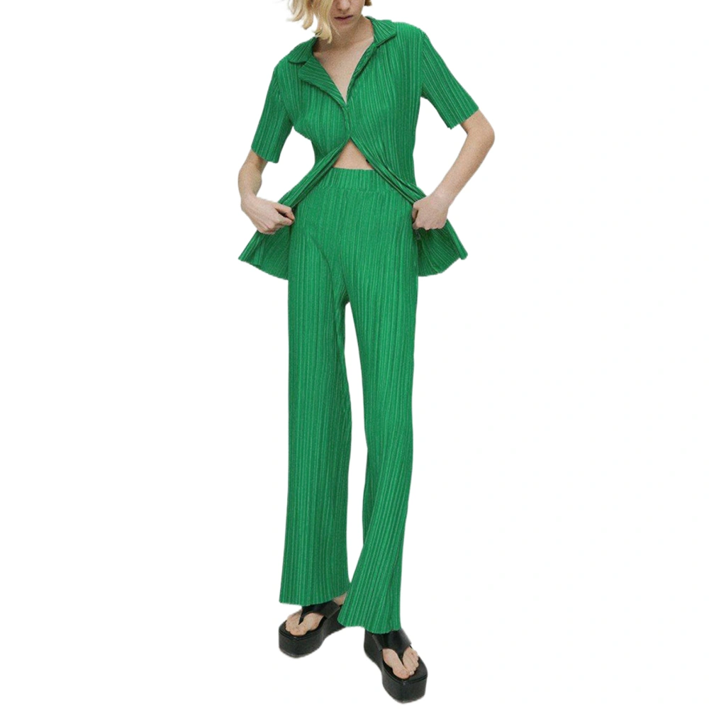 Women's Pants Suits, Solid Color Pleated Short Sleeve Tops + Pants