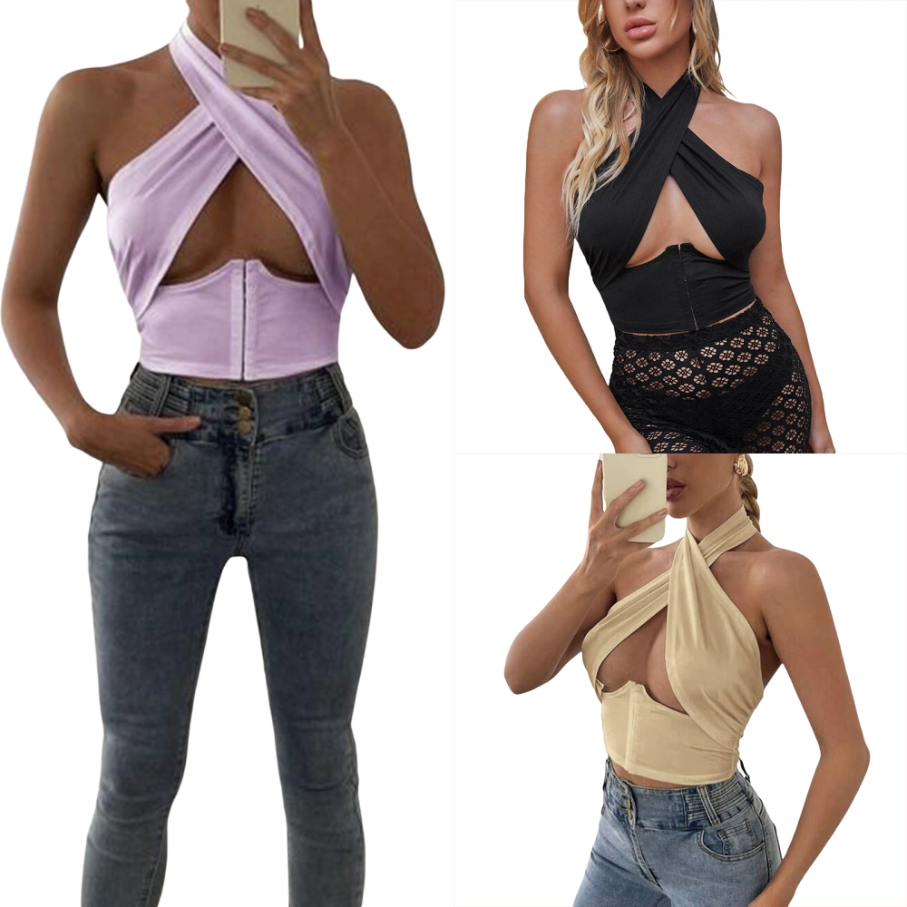 Women Summer Tops Sleeveless Neck-Hanging Cross Bandage Crop Shirt