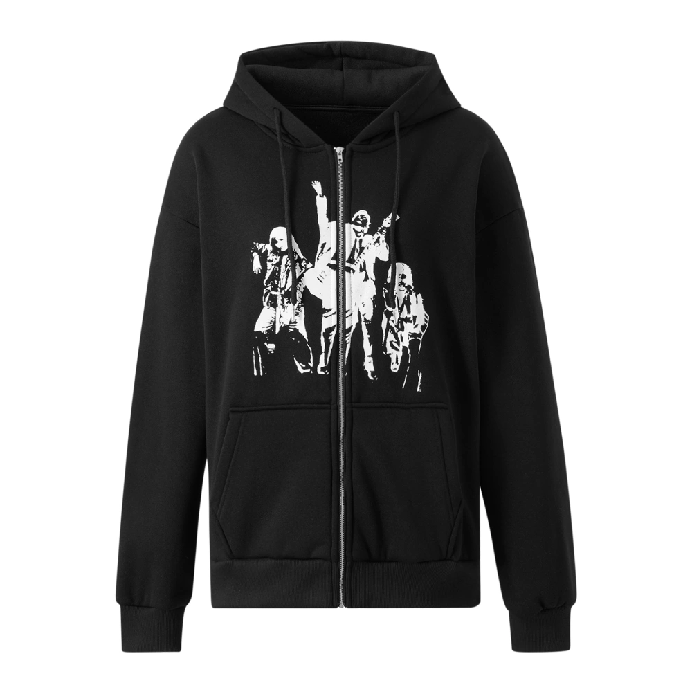 Women Men Hooded Long Sleeve Zipper Figure Print Side Pockets Coat 