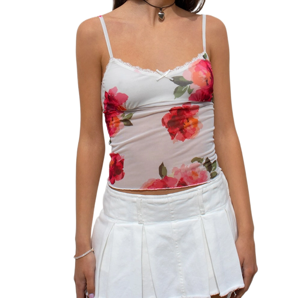 Women Floral Mesh Camisole Cropped Sleeveless Shirt Summer Tank Tops 