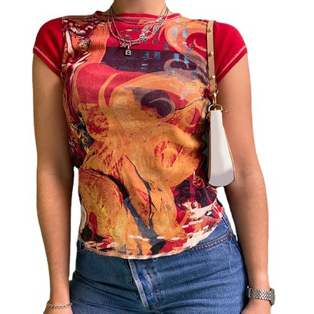 Women Slim-fit T-shirt, Printed Round Neck Short Sleeve Pullover