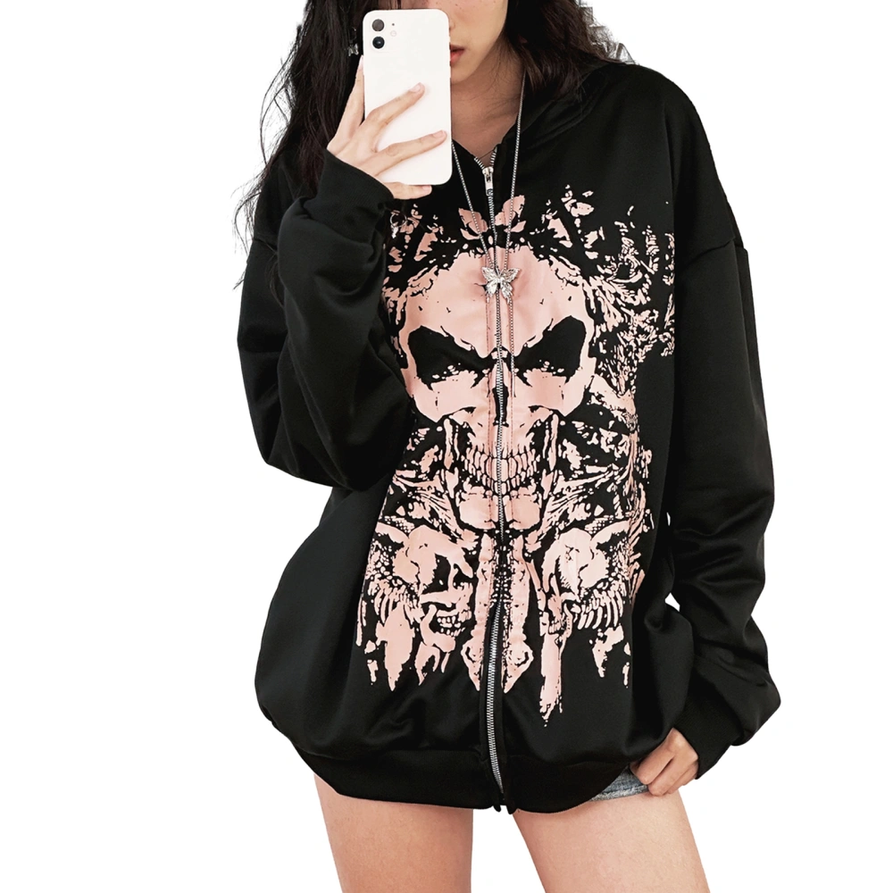 Men Women Hoodie, Long Sleeve Skull Print Zipper Closure Sweatshirt Jacket for Casual Daily