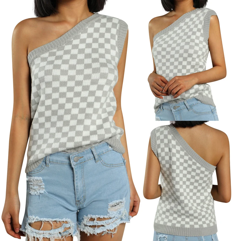 Ladies Sexy Knitted Top, Double Color Plaid Sloping Shoulder Knitwear