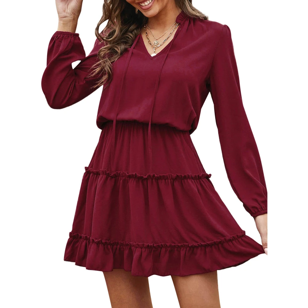 Women Mini Dress, Long Sleeve V Neck Lacing Solid Pleated Fall Dress