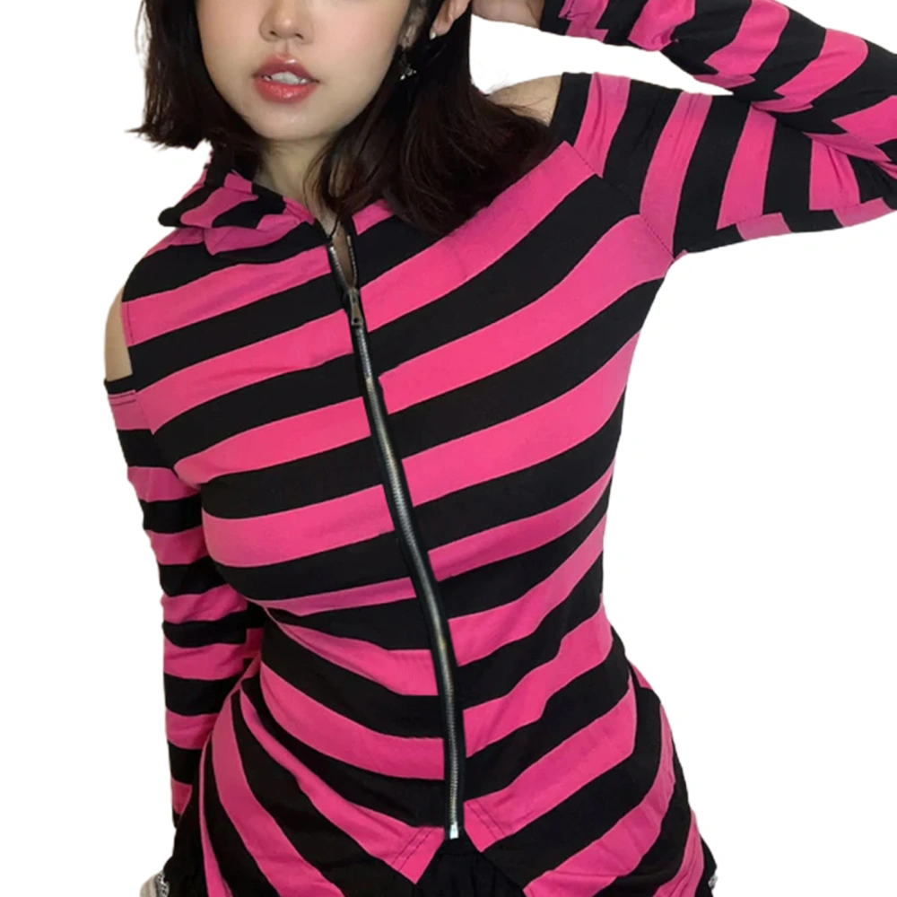 Women's Stripe Print Hoodie Pullover, Cold Shoulder Long Sleeve Zipper Closure Sweatshirt Slim Coat with Rabbit Ear