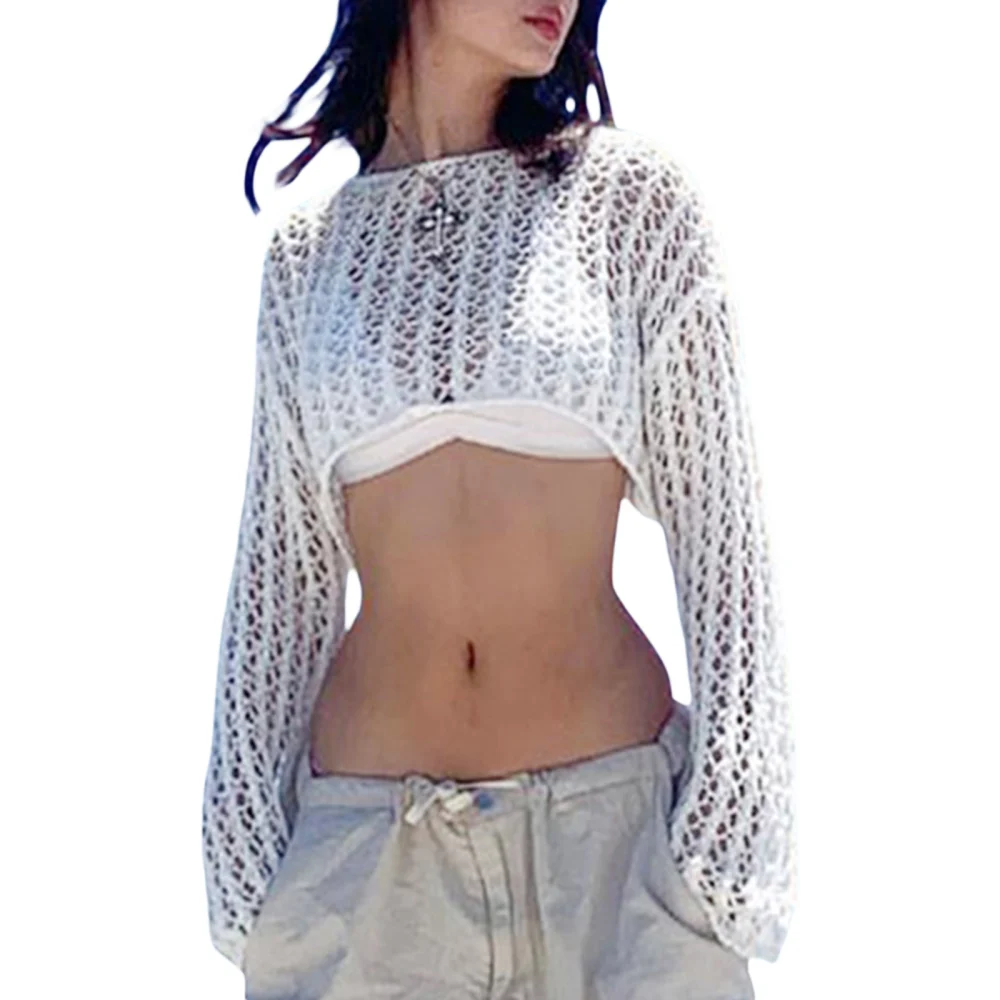 Women’s Solid Color Round Neck Long Sleeve Hollow Cropped Knitted Tops