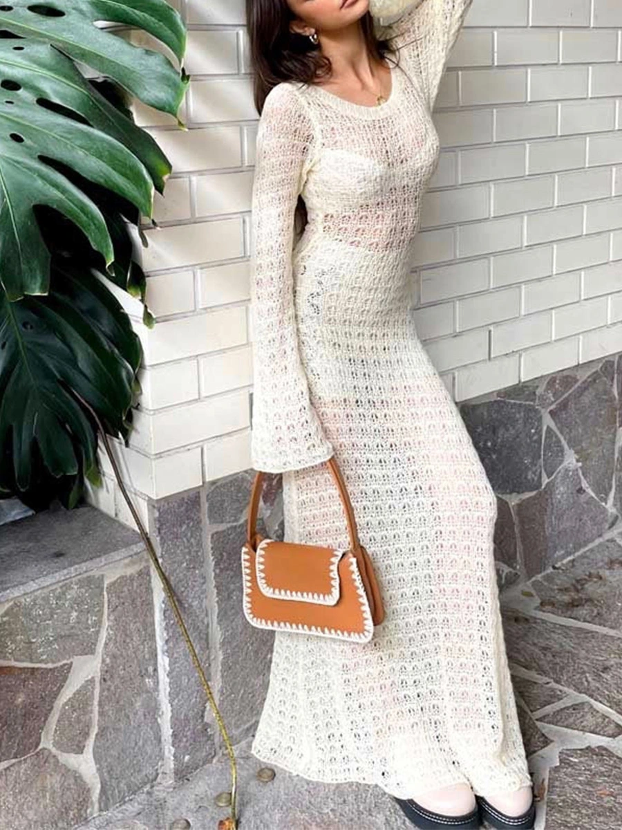 Ladies Summer Knitted Long Dress, See-through Hollow Beach Cover-Up