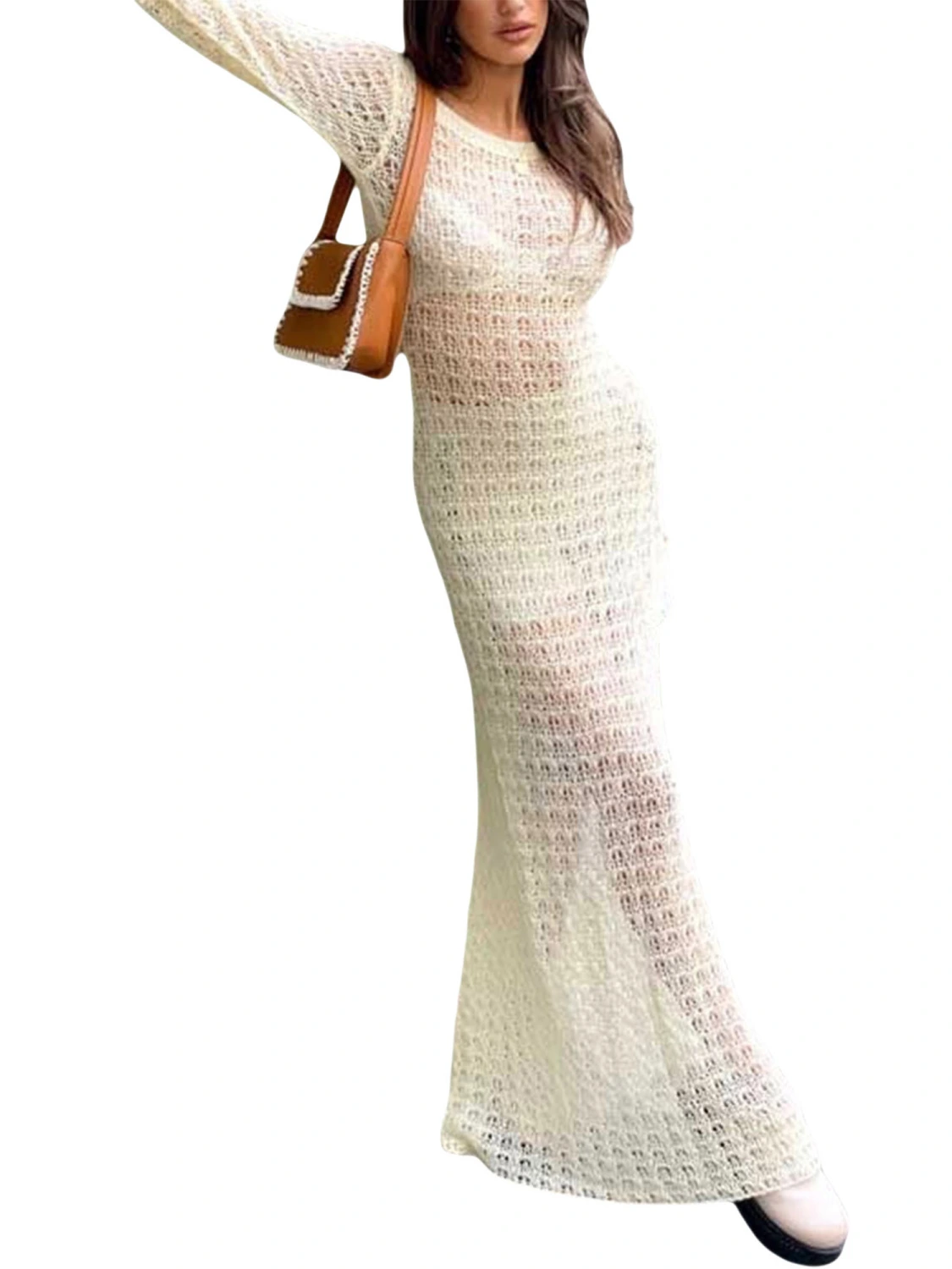 Ladies Summer Knitted Long Dress, See-through Hollow Beach Cover-Up